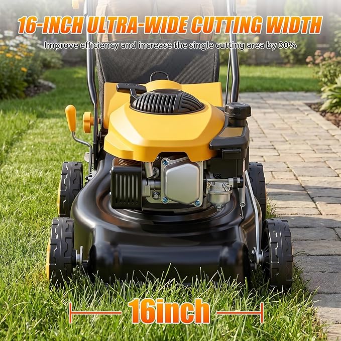 132cc Self Propelled Gas Lawn Mower, 16" Gas Powered Lawn Mowers with Powerful 4-Stroke Engine, 3-in-1 Gas Mower with 8-Position Height Adjustment,Foldable Push Mower for Yard, Yellow