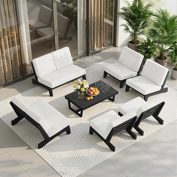 UIXE 7 Pieces All Weather Black Wood Patio Furniture Sets, 2 Patio Loveseat, 4 Patio Bistro Chair, Outdoor Sectional Sofa Furniture Backyard Conversation Set with Coffee Table - Beige