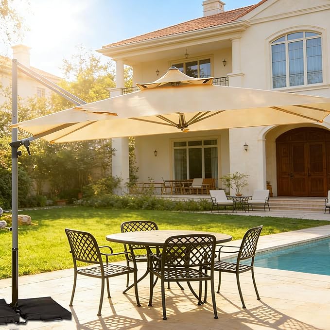 Patio Umbrella, Rectangle Outdoor Cantilever Umbrella, Aluminum Offset Umbrella with Champagne Frame for Pool Deck Garden Outdoor shade for Garden Deck Pool Patio, Beige(Weighted Base Not Include)