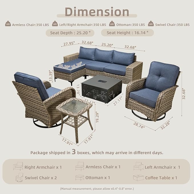 CAODOC 8-Piece Patio Furniture Set with L-Shape Sofa Chaise, Outdoor Sectional Couch Solar Table, Modern Modular Wicker Rattan Conversation Set