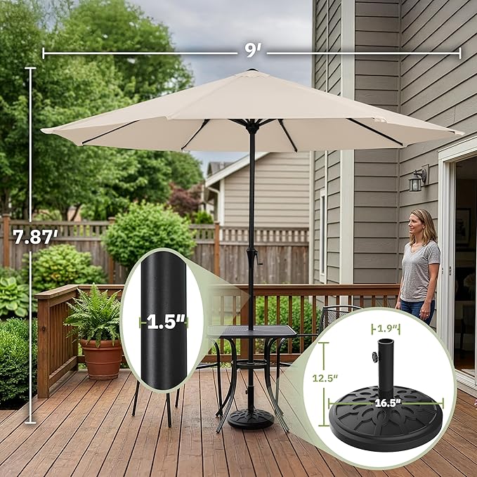 9FT Round Patio Umbrella with 19lb Weighted Base - Easy Crank, Vented Canopy Outdoor Umbrella for Shade - For Deck, Balcony, Porch, Backyard, or Pool by Pure Garden (Champagne)