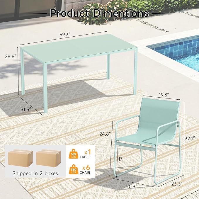 ONBRILL 7 Piece Patio Dining Set for 6, Modern Rectangular Glass Top Steel Table with 6 Breathable Textilene Chairs, Easy Assembly All-Weather Design for Lawn, Backyard, Poolside & Gatherings, Aqua