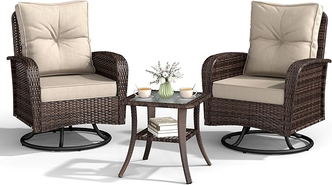 Kromax Outdoor Patio Furniture Set, All-Weather Wicker Swivel Glider Chairs Set of 2 with Coffee Table Table & Thick Machine Washable Cushions for Backyard, Garden, Porch, Brown/Beige