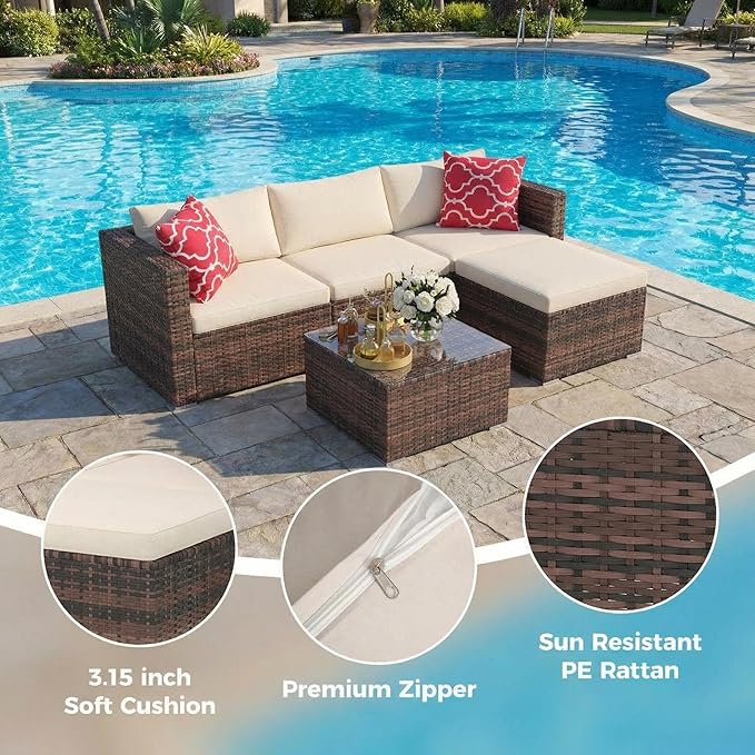 5-Piece Patio Sectional Sofa Set, All-Weather Brown PE Rattan Outdoor Conversation Furniture with Neutral-Tone Cushions, Glass Coffee Table & Footstool, Modular Design for Garden, Porch, Balcony, Pool