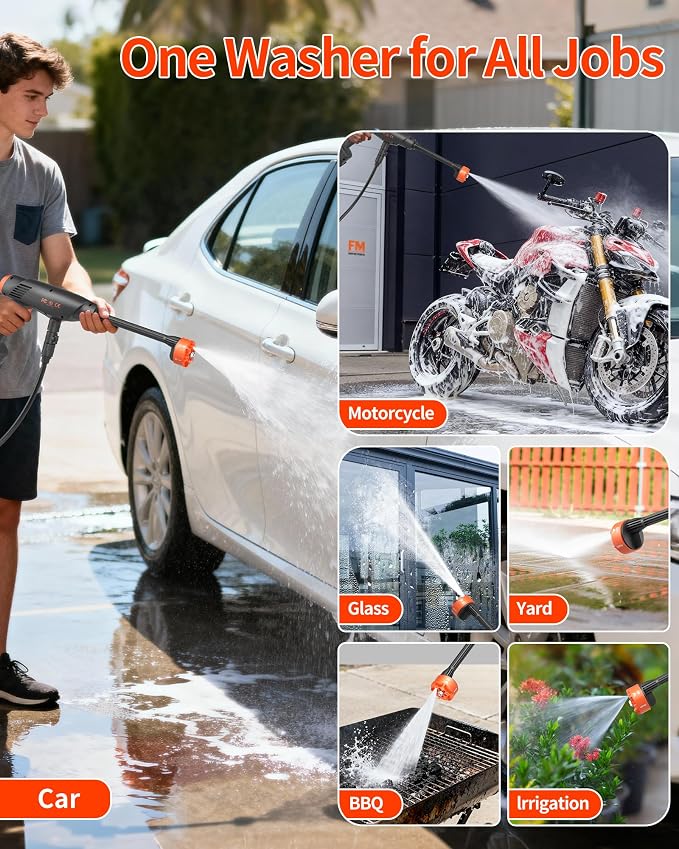 Cordless Portable Washer, 1100 PSI Battery Operated Washer with All-Copper Motor, Battery, 23FT Elastic Hose, Storage Bag; Handheld Washer; Lightweight Car Washer for Home, Garden (Orange Black)