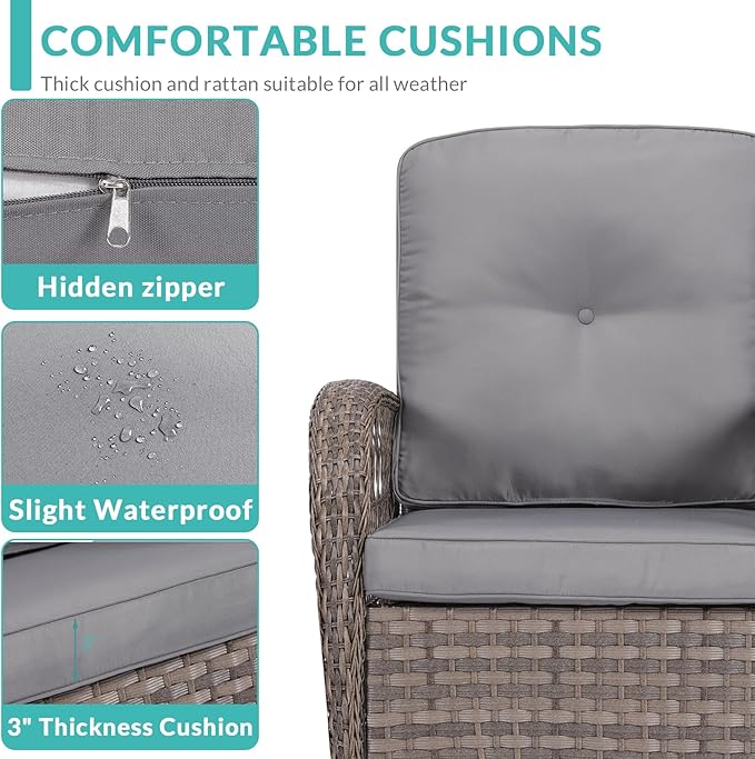 MEETWARM 3 Pieces Outdoor Wicker Swivel Rocker Patio Set, Rocking Chairs Rattan Patio Furniture Sets with Thickened Cushion and Glass-Top Coffee Table, Conversation Bistro Set for Porch (Gray)