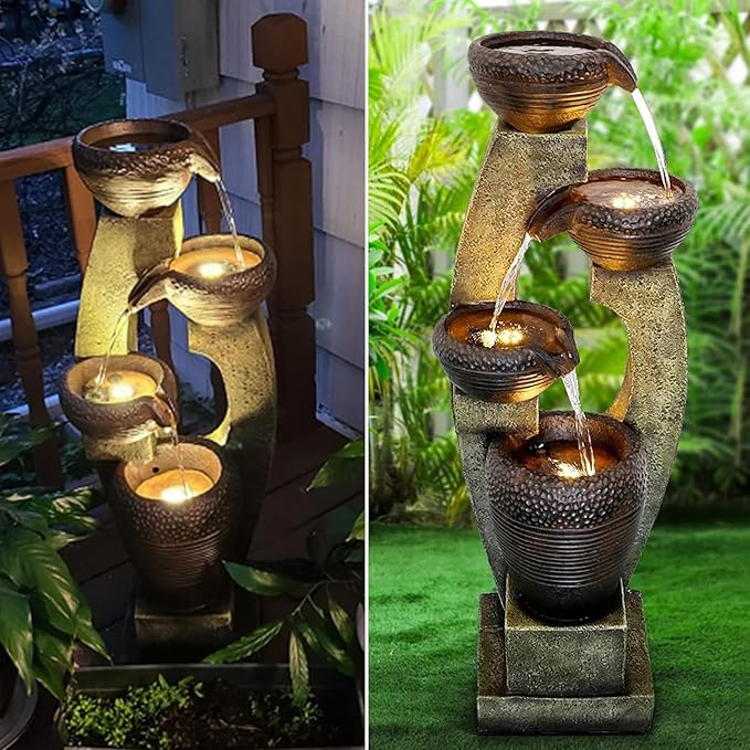40” H Modern Outdoor Fountain - 4 Crocks Outdoor Garden Fountains with Contemporary Design for Garden, Patio, Deck, Porch, Backyard and Home Art Decor