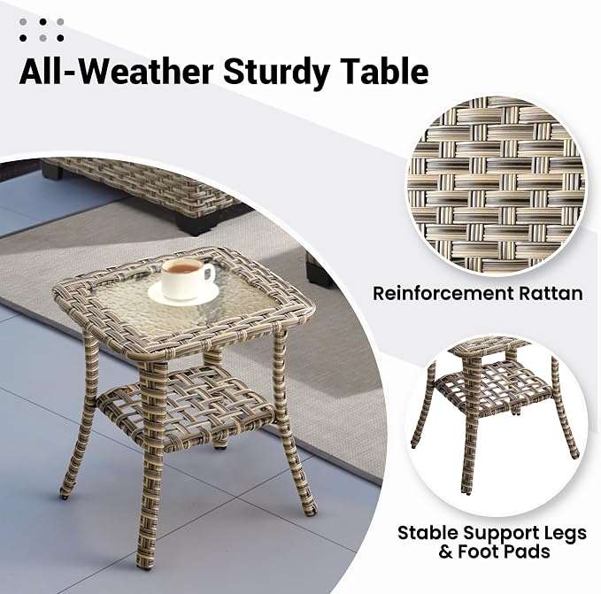 ovios Outdoor Side Table with Tempered Glass Top, Patio Wicker Rattan 2-Tier Storage Coffee End Tables for Porch Deck Balcony Garden Poolside (Mixed Brown-Small Size)