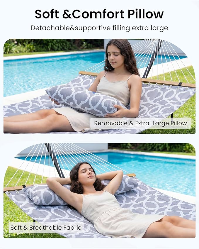 Double Hammock with Spreader Bar & Pillow, 2-Person Portable Hammock, 500lbs Capacity for Outdoor Camping, Patio, Backyard, Garden, Beach & Travel Relaxation – White Gray