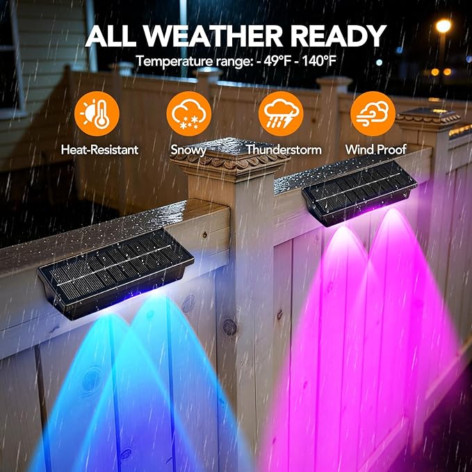 Solar Fence Lights Outdoor 2Pack, Warm White & 6 Color Change and Glass Panel, Waterproof High Brightness Solar LED Deck Lighting for Outside Stairs, Porch Step, Railing, Backyard, Pool