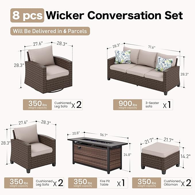 Swivel Glider Patio Furniture Set Outdoor Furniture Brown Wicker Rattan Patio Conversation Sets with Cushion Outside Sofa Set,7 Pieces with Rectangular Firepit Table,9 Seats,Beige