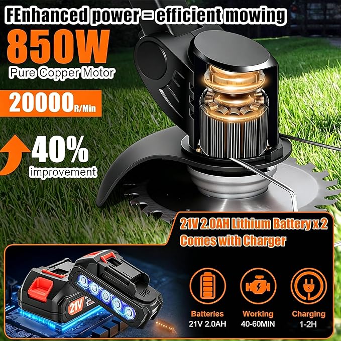 Electric Weed Wacker Cordless Weed Trimmer 21V Stringless Weed Wacker Lightweight 3-in-1 Grass Trimmer/Brush Cutter/Edger with 2pcs Batteries&Wheel, 4Types Blades, for Lawn, Garden & Yard