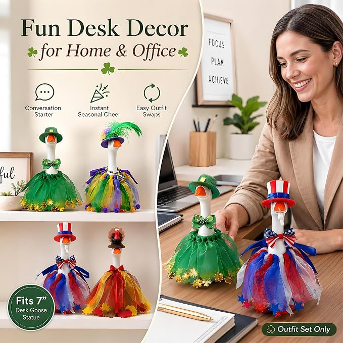 8Set Holiday Outfits for Desk Goose Statue, Seasonal Costumes for 7" Mini Goose, Festival Accessories for Mardi Gras, Valentine's, St. Patrick's, Easter, 4th of July, Thanksgiving, Halloween&Christmas