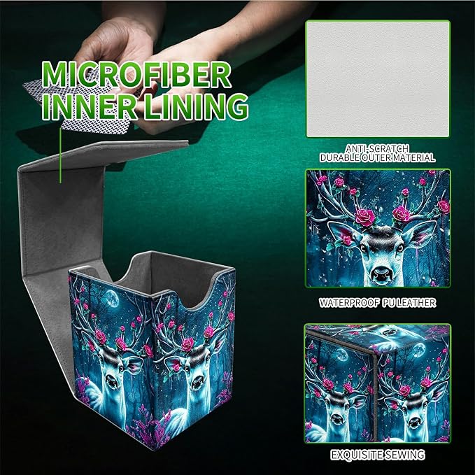 Deck Box for MTG, Cards Storage Box Fits 120+ Sleeved, Leather Medium Size Strong Magnetic Closing Card Case for Board Games Magic TCG CCG Baseball Collection, Forest Flowers Deer