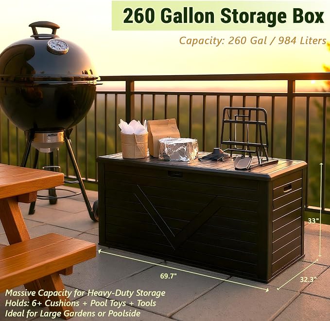 Outdoor Storage Box,260 Gallon Deck Box Outdoor Storage Bench Outside Waterproof Resin Storage Bench, Lockable Patio Cushions, Garden Tools Storage For Furniture, UV Resistant (Black)