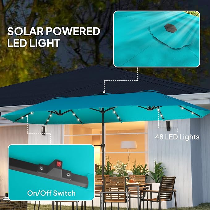 Outsunny 13ft Large Patio Umbrella with Solar Lights, Rectangular Double-Sided Outdoor Market Umbrella with Crank Handle and 48 LED Bulbs for Garden, Pool and Backyard, UPF 30+