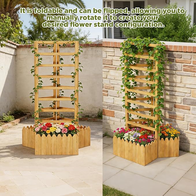 3 Panels Privacy Screen with Planter Box Outdoor,Vertical Raised Garden Bed for Climbing Plants Garden Fence with Trellis & Drain Holes for Vegetables, Flowers on Patio, Balcony & Backyard (Wood2)