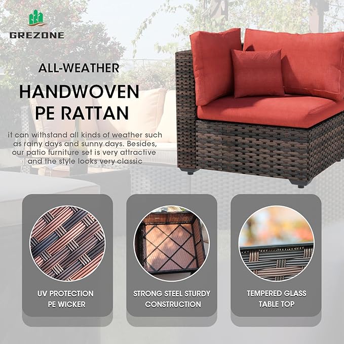 Grezone 7 Piece Patio Furniture Set with Fire Pit Table, Patio Sectional Furniture Sofa Set, Patio Conversation Sets with Cushions and Glass Coffee Table for Garden Lawn Balcony Porch Deck, Red