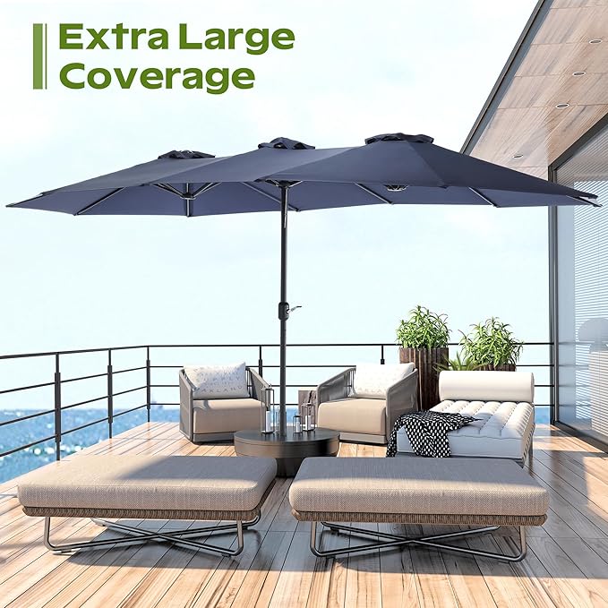 15ft Umbrella Outdoor Patio - Double-Sided Large Market Rectangle Umbrellas with Crank Handle for Patio Garden Yard Pool (No Base)
