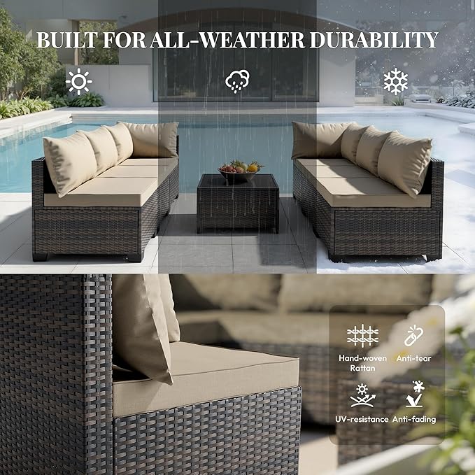 WWR Patio Furniture Set - All-Weather,Water-Resistant - 7 Piece Patio Wicker Rattan Sectional Sofa, Modular Outdoor Conversation Set for Backyard, Garden, Poolside, Balcony, Brown/Khaki Gray