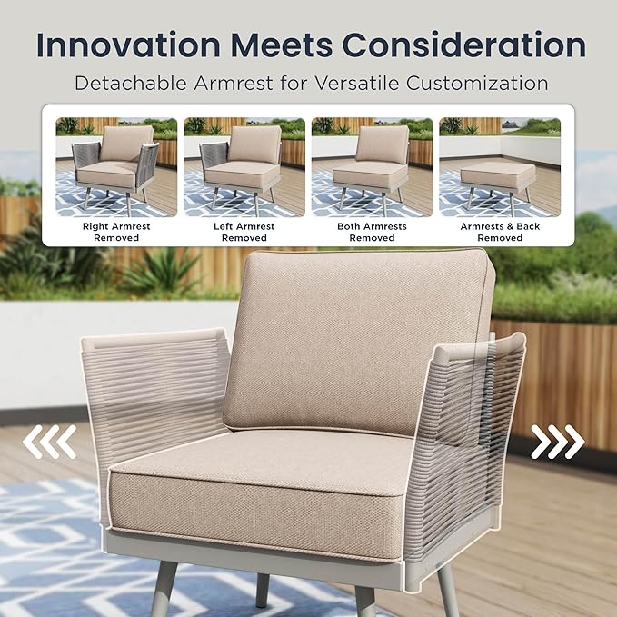 PHI VILLA 5-Piece Rope Rattan Patio Sectional Furniture Set,Modern Outdoor Conversation Set with Detachable Armrests and Grey Metal Frame,All Weather Patio Sofa with Coffee Table and Biege Cushions