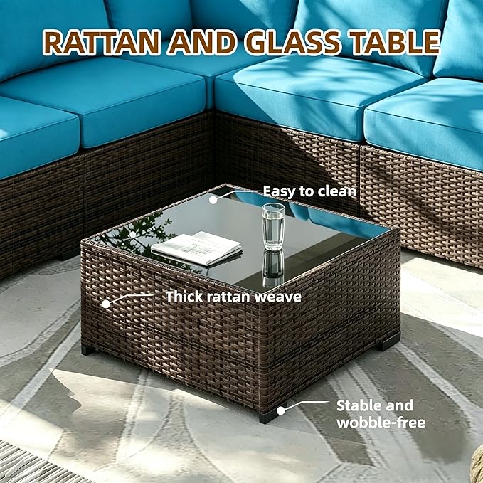 MOCHITO 7 Pcs Outdoor Patio Furniture Sets Brown Rattan Turk Blue Cushions | All-Weather Sectional Sofa, with Glass Table, PE Rattan Wicker Patio Furniture , Washable Cushions, for Balcony Porch Garden