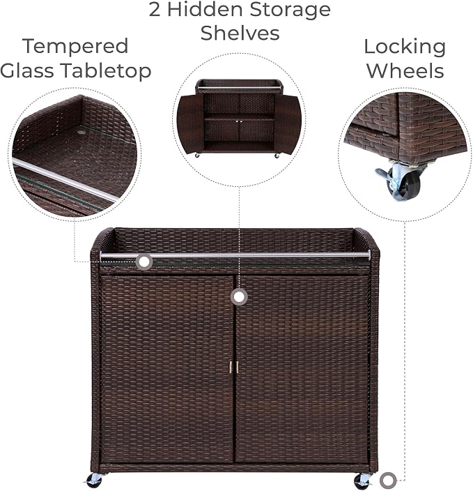 Teamson Home Veronica Outdoor Portable PE Rattan Serving Cart with Wheels, Brown