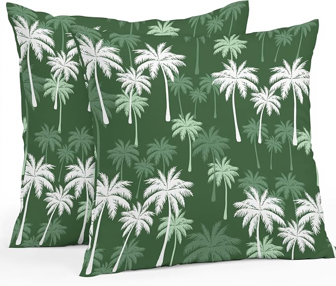 Throw Pillow Covers 24x24 Inch Set of 2, Tropical Palm Tree Waterproof Outdoor Pillow Covers, Green White Plants Coastal Leaf Beach Decorative Cushion Pillowcases for Couch, Sofa, Bed, Garden, Patio