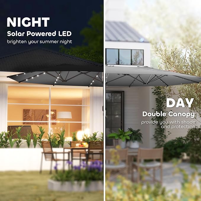 Outsunny 14.8ft Double Umbrella, Large Outdoor Patio Sun Shade with LED Solar Light for Garden