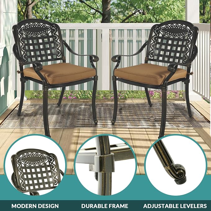 MEETWARM 9-Piece Outdoor Furniture Dining Set for 8, All Weather Cast Aluminum Patio Dining Set- Large 64" Square Table with Umbrella Hole and 8 Cushioned Chairs, Patio Table and Chairs Set, Khaki