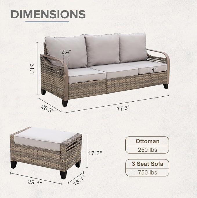 COOS BAY Modern Wicker Outdoor Furniture Set, 3 Piece Patio Conversation Set with a 3 Seat Couch and 2 Ottomans, 3 Piece, Brown/Gray