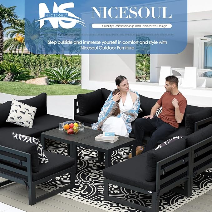 NICESOUL 6 Person Modern Aluminum Patio Furniture Set, 500 lbs Heavy Duty Sturdy Outdoor Sectional Sofa, 29" Deep Wide Oversized Seating, L Shaped Modular Conversation Couch for Garden Backyard, Black