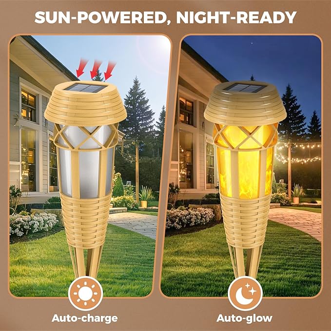 Solar Flickering Flame Torch Lights 4Pack - IP65 Waterproof Dusk to Dawn Auto On/Off, Outdoor Decorative Lights for Garden Yard