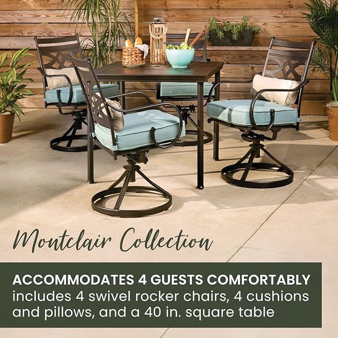 Hanover Montclair 5-Piece Outdoor Dining Set with Stamped Steel Square Dining Table and 4 Swivel Rocker Chairs with Cushions, Weather-Resistant Patio Dining Set for 4, Patio, Backyard, Deck