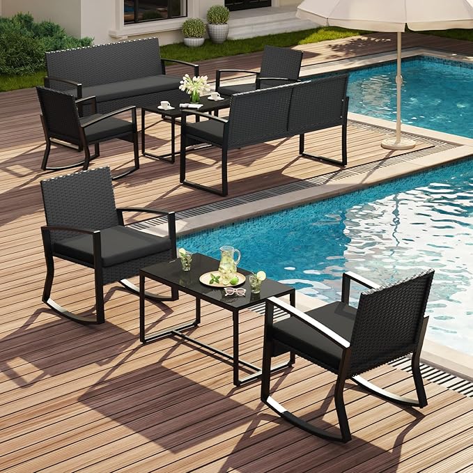 Ahomly 8 Piece Outdoor Patio Furniture Set, Wicker Patio Furniture with Glass Coffee Table, Modern Rattan Rocking Chairs Conversation Set, for Porch, Garden, Lawn,Black Cushion