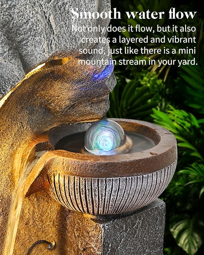 46.1" Outdoor Water Fountain Waterfall Garden Fountain with LED Lights and Pump Modern Floor-Standing Fountains Outdoor Rock Fountain Decor for Garden, Porch, Patio, Home Decor
