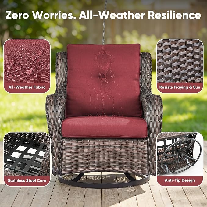 Belord Patio Furniture Set with Fire Pit Table, Outdoor Swivel Rocker Patio Chairs, Wicker Furniture Set Ideal for Porch, Deck, Pool, Yard, SunroomBrown Wicker/Red