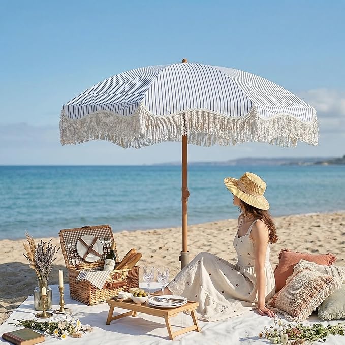 7ft Patio Umbrella with Fringe, Boho Beach Umbrellas, Outdoor Tassels Umbrellas with Push Button Tilt & Carrying Bag, 8 Windproof Fiberglass Ribs, UPF50+