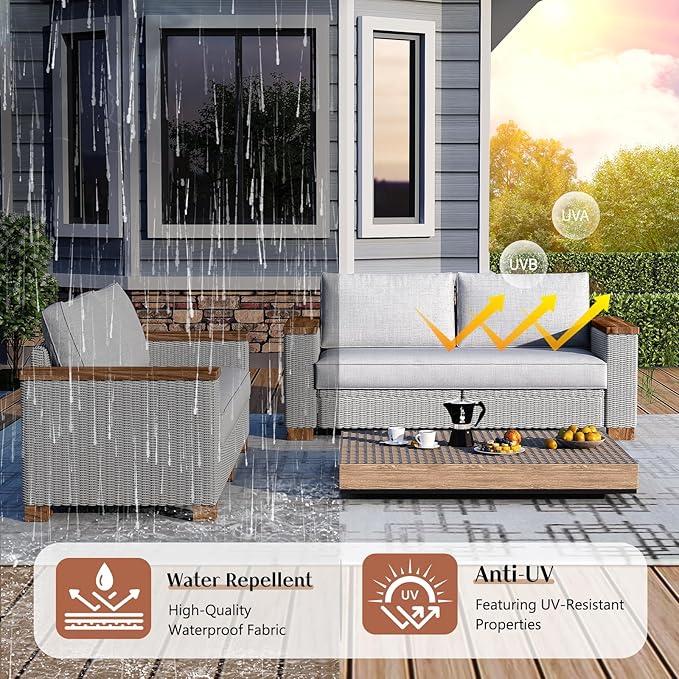 4-Piece Outdoor Patio Furniture Set, All-Weather Wicker Sofa with 5.9" Solid Wood Armrests, Wooden Legs, and Cushions – Sectional Conversation Set for Backyard, Porch, Garden, or Poolside