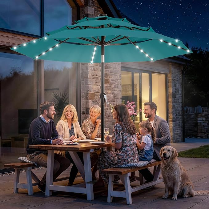 AreShark 9ft 3 Tiers Patio Umbrella with Solar Lights, Outdoor Umbrella w/ 32 LED Lights&8 Sturdy Ribs, Table Umbrella for Deck, Backyard, Pool (Lake Blue)