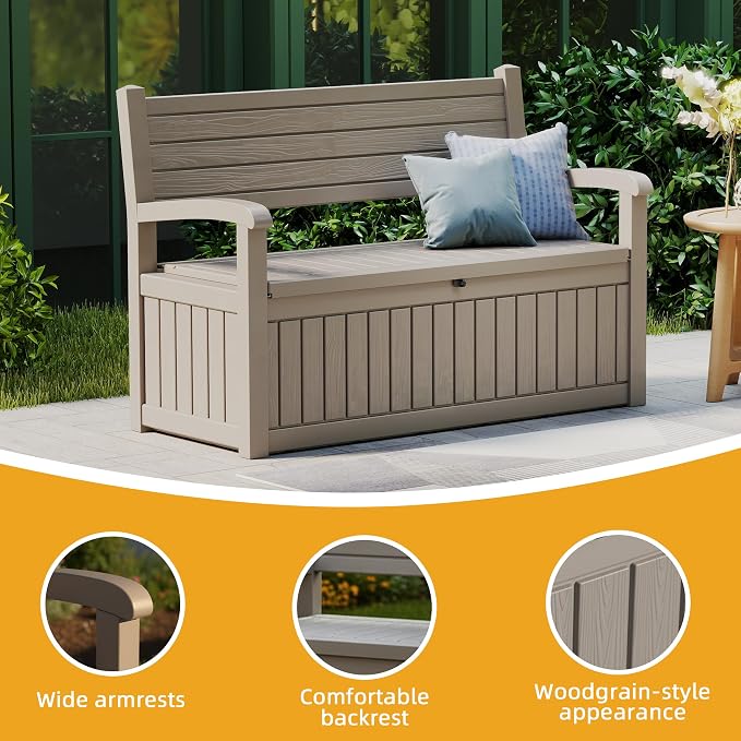 EasyUp 80 Gallon Outdoor Storage Bench Lockable Deck Box Outdoor Storage Box Waterproof for Patio,Garden,and Porch – Perfect for Storing Garden Tools and Cushions(Grey Srtipe)