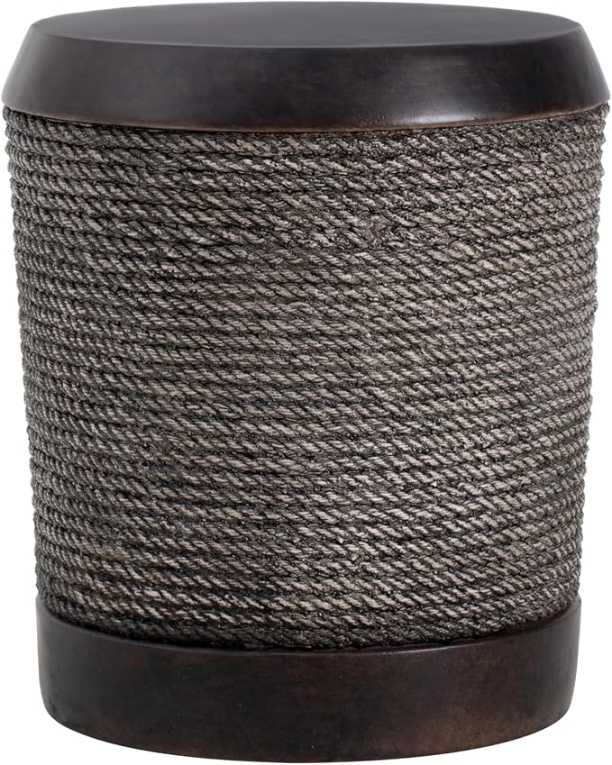 IRONORA Dark Rope-Wrapped Cylindrical Outdoor Side Table, Round Accent Table with Metal Top, Rustic Patio End Table for Backyard Garden Balcony