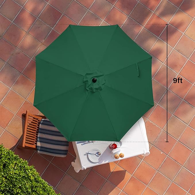 HealSmart 9ft Patio Umbrella with Push Button Tilt/Crank, Outdoor Table Market Yard Umbrella with 8 Sturdy Ribs for Garden, Backyard, Deck, Pool, Green