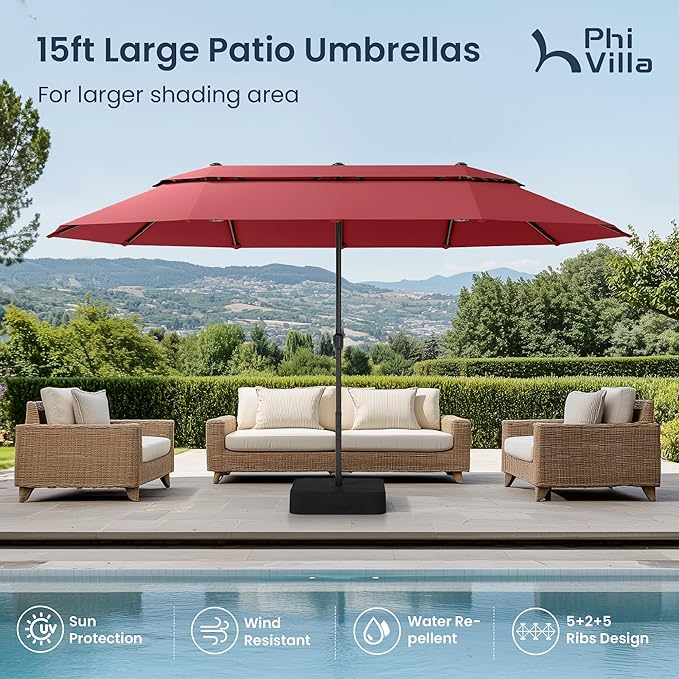 PHI VILLA 15ft Large Patio Umbrellas with Base Included, 2-Tier Outdoor Double-Sided Rectangle Market Umbrella with Stand, Outside Umbrellas for Poolside Lawn Backyard, Wine Red