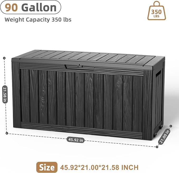 DRATO 90 Gallon Waterproof Outdoor Resin Deck Box, Lockable Storage Box Equipped with Wheels, Weather Resistant Organizer for Backyard Patio Furniture, Pool Goods and Garden Tools, Black