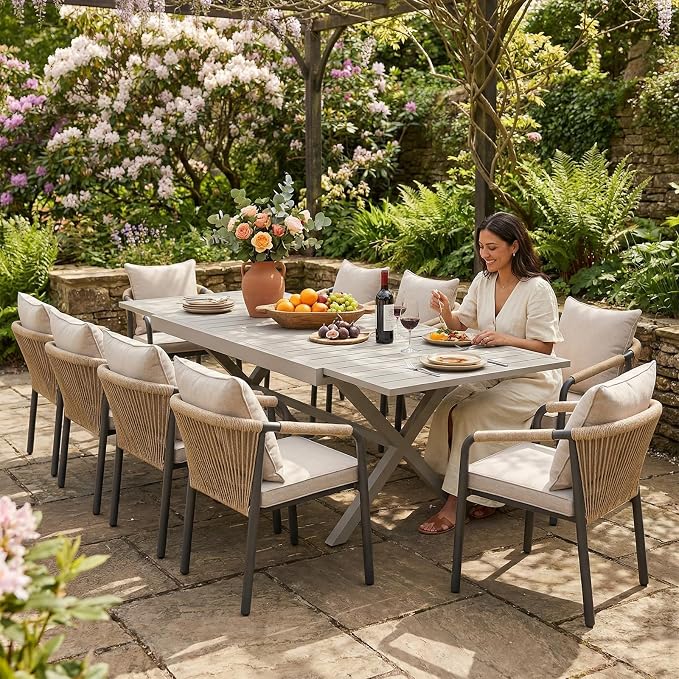 SUNSITT 9 Piece Outdoor Patio Dining Set, 65" - 107" Metal Expandable Outdoor Dining Table with X-Shape Legs, 8 Woven Wicker Patio Chairs w/Curved Backrest for Garden, Flaxen