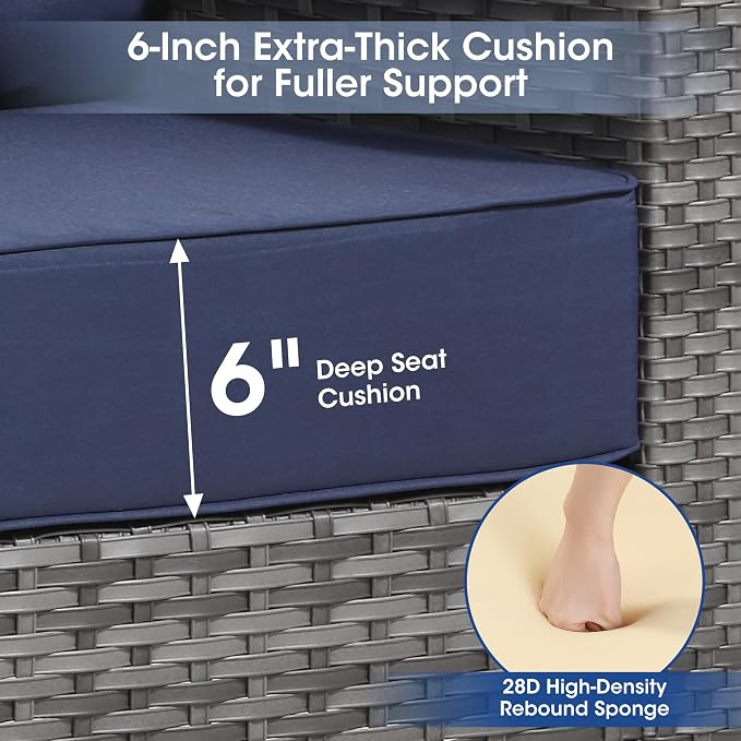 5 Piece Patio Furniture Set, Grey Wicker Outdoor Conversation Set with 2 Swivel Rocker Chairs, 2 Ottomans and Side Table, 6-Inch Thick Cushions, Blue Olefin Covers for Patio, Porch