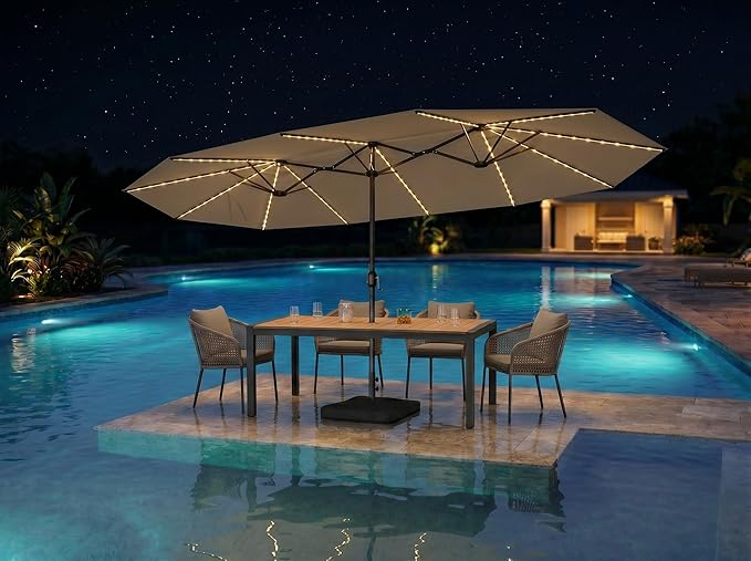 PURPLE LEAF 15ft Patio Market Umbrella with Solar LED and Base Double-Sided Rectangle Outdoor Table Sun Umbrellas with Crank for Pool Beach Deck Backyard Khaki