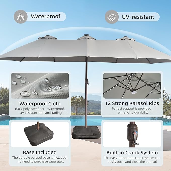 15ft Patio Umbrella with Base Included, Rectangle Double Patio Umbrellas with Crank Handle 12 Ribs, Heavy Duty Large Table Umbrella for Pool Deck Garden Party Commercial