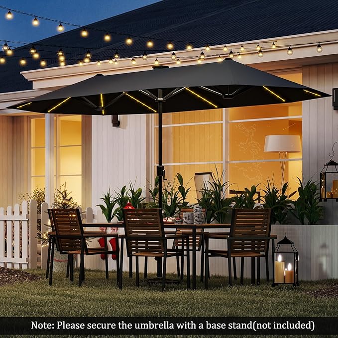 HAPPYGRILL 13 FT Double-sided Patio Umbrella with Solar Lights, Crank Handle & 12 Heavy-Duty Ribs, Outdoor Twin Size Oversized Rectangle Market Umbrella for Garden Deck Poolside